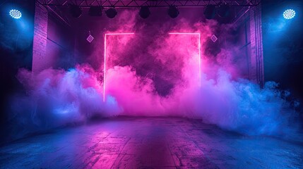 The dark stage shows, empty dark blue, purple, pink background