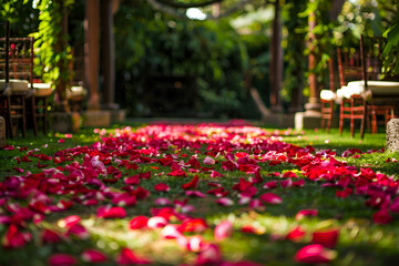 Rose petals cover green garden ready for traditional hindu weddi