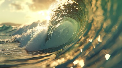 Ocean surfing, wave in tube form, on a sunny day with light. Hyperrealistic.