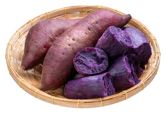 Purple potato in basket isolated on white background, Japanese Purple Sweet Potato on White Background PNG File.