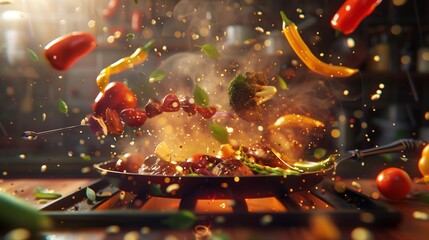 Super veggie dinner concept with ingredients in the air above a grill pan with hot oil. Photorealistic.