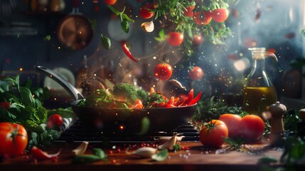 Super veggie dinner concept with ingredients floating above a grill pan with hot oil. Photorealistic.