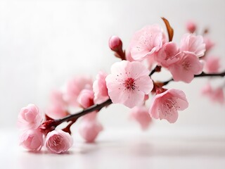 A delicate pink cherry blossom branch in full bloom against a crisp white background, symbolizing spring's arrival Generative AI