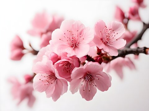 A delicate pink cherry blossom branch in full bloom against a crisp white background, symbolizing spring's arrival Generative AI