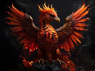 Fototapeta premium A fiery orange and red phoenix rising from ashes, its flames more vivid against the dark backdrop Generative AI