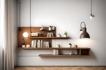 Brown shelf on the white wall with lamp