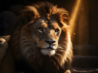 Fototapeta premium A majestic lion's golden mane caught in a beam of light, contrasting dramatically with the surrounding darkness Generative AI