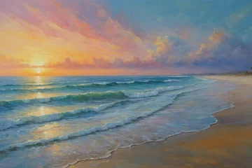 Foto op Canvas Sunset Wall Art - Sunset Beach - Oil Painting- Coastal Wall Art Decor © possawat