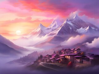 A vibrant sunrise over a misty mountain village, with the sky in shades of pink, orange, and purple Generative AI