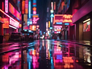 Bright neon signs reflecting on a rain-soaked street at night, creating a kaleidoscope of colors against the darkness Generative AI