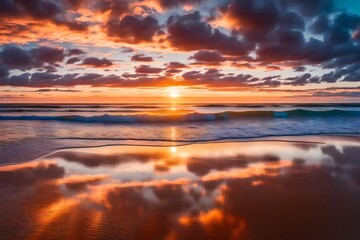 Colorful, cloudy ocean sunrise with reflection in wet sea