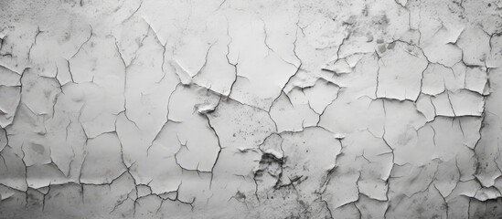 A black and white photo showing peeling paint on an old wall, revealing cracks and textures in the white plaster. The decayed appearance adds character to the grungy wall. - obrazy, fototapety, plakaty