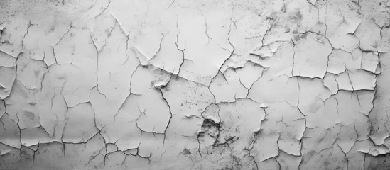 Fotobehang A black and white photo showing peeling paint on an old wall, revealing cracks and textures in the white plaster. The decayed appearance adds character to the grungy wall. © Vusal
