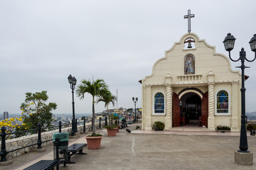 View of the small chapel located at the top of Santa Ana Hill, a popular tourist zone in Guayaquil,...