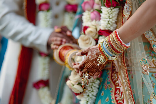 Indian couple hand in wedding satphera ceremony in hinduism 