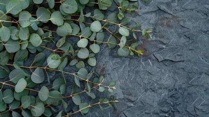 Vibrant green eucalyptus branches gracefully spread across a rough slate rock surface, portraying natural elegance.
