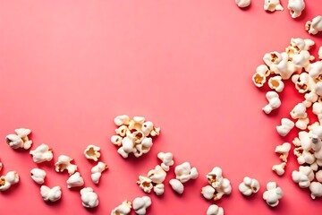 Popcorn scattered at half the pastel pink background and a space for copyspace. Popcorn on a red background. Flat lay. Copyspace. Cinema Concept