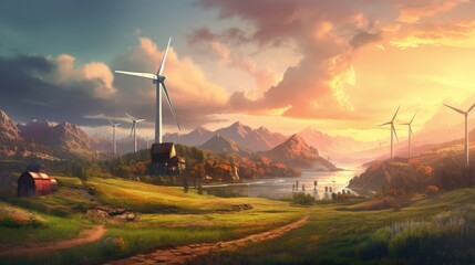 Windmill turbines generating green energy electric Generative AI