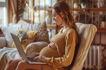 Mujer embarazada en su tercer trimestre, concentrada en su trabajo remoto desde un portátil en una habitación iluminada y cálida - obrazy, fototapety, plakaty