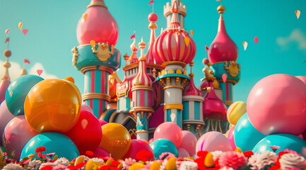 a colorful balloon castle is featured in front of flowers