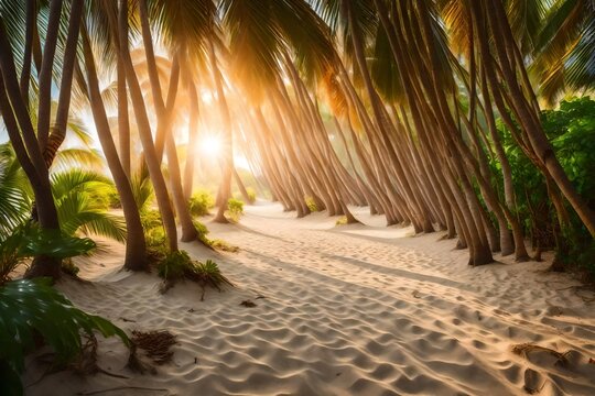 Copyspace photo show pathway to business success and total freedom in this world. Sandy pathway between the trees on a tropical beach with infinite possibilities