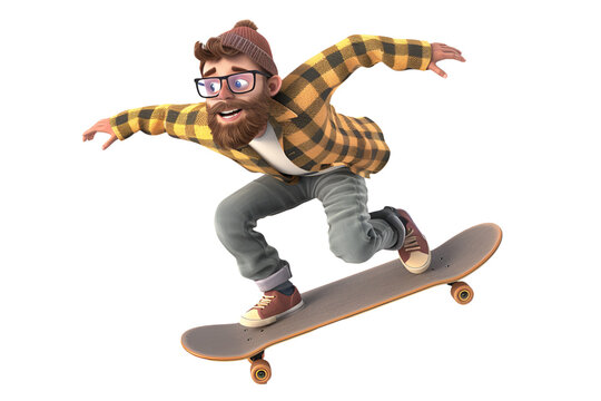 3D render man play skateboard isolated 
