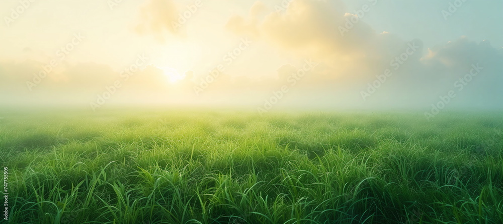 Canvas Prints this is a refreshing summer landscape with a close-up of a lawn shrouded in light fog in the early m