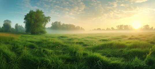 A wide green meadow or lawn or field in the early morning with light fog. Summer or spring background. Generative AI