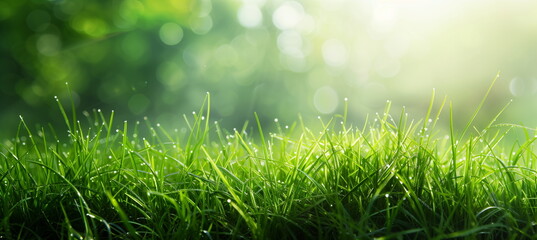 Fototapeta premium A close-up of a green grass field bathed in spring sunlight with a bokeh background. Beautiful sunny spring meadow. Spring background. Copy space. Generative AI