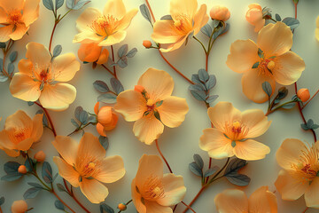 an orange natural flowers and stem pattern on a white swiggy background