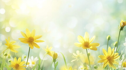Fototapeta na wymiar Yellow daisy flower field with bokeh background. Closeup. Top copy space. Spring background. Generative AI