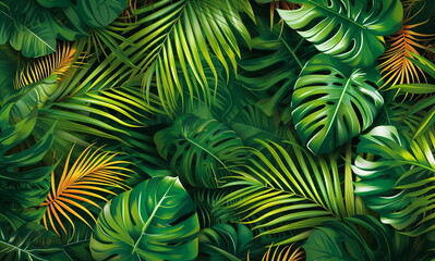 Green tropical leaves pattern background. Monstera and palm leaf illustration background. Generative AI