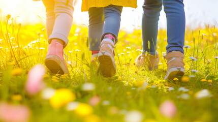 Close-up of legs and shoes of three children walking along a path with flowers and grass in spring. Generative AI
