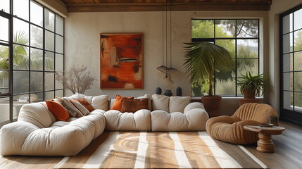 Modern design living room interior with a carpeted floor, a soft sofa, large plants, a large picture frame on the wall, and sunlight coming through a large barrel window.