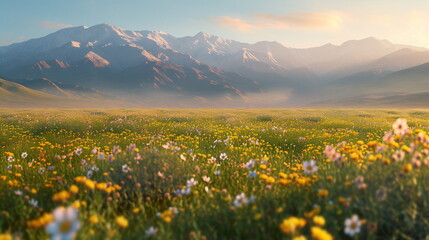 Spring landscape in the Swiss Alps. Meadows and flower fields full of spring flowers under snow-covered mountains. Generative AI