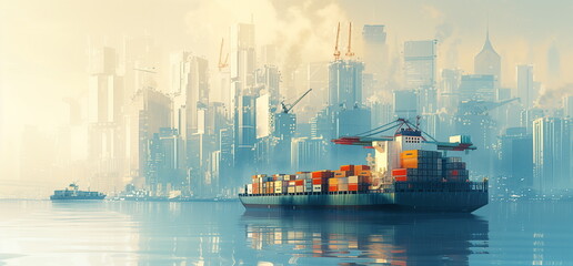 Illustration of a container cargo ship floating on the water with the buildings of a big city in the background. Import, export, trade, transportation, business concept. Generative AI