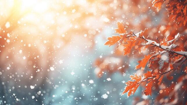 White snow piles up on the orange maple leaves.
Late fall or early winter concept. Snow bokeh background. Generative AI