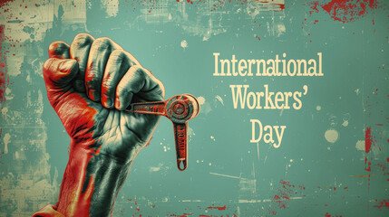 International Workers' Day, Fist clutching tools represents empowerment through labor - obrazy, fototapety, plakaty