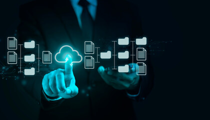 Businessman using cloud system by touching on virtual screen.