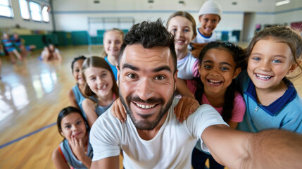 Happy PE teacher and school kids taking selfie during exercise class - Powered by Adobe