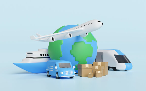 Worldwide shipping concept with  globe, airplane, van, boat, goods box isolated on blue background. 3d render illustration