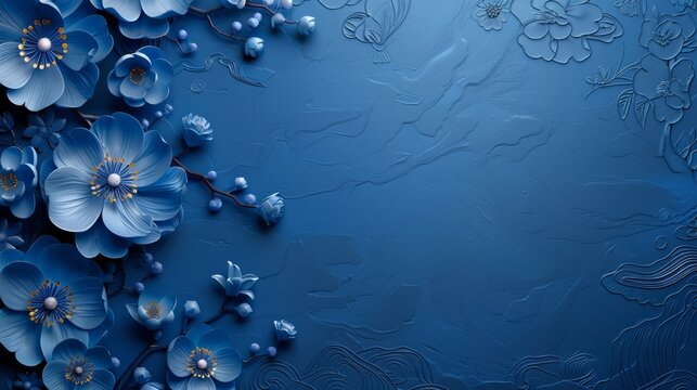 Elegant dark blue background with intricately designed flowers. It is delicately raised to create a stunning 3D effect, adding depth and richness to the image.