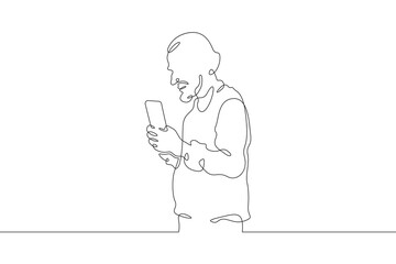 A old man stands with a phone in his hand. A old man is talking on a smartphone. One continuous line . Line art. Minimal single line.White background. One line drawing.