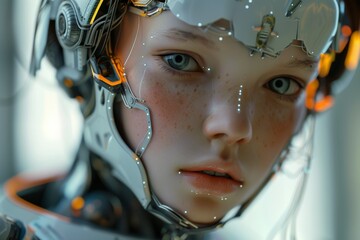 face of child humanoid android Artificial Intelligence mechanical robot be creative Have an...