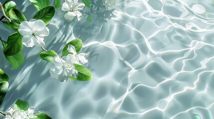 Top view. Under the sunshine, white flowers and green leaves adorn the cool, transparent water surface, creating ripples. Water texture background.  - Powered by Adobe