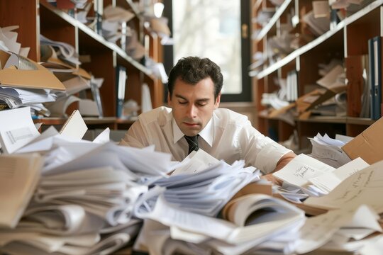 Busy professional multitasking with documents Emphasizing efficiency and organization in a high-pressure work environment