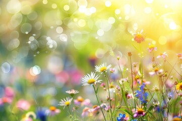 Colorful flower meadow under bright sunlight with soft bokeh lights Creating a dreamy and vibrant summer landscape Ideal for nature and seasonal themes.