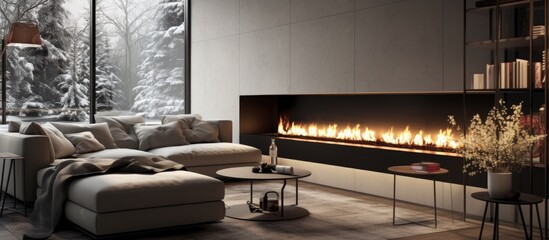 In a modern living room, a plush couch sits in front of a sleek fireplace adorned with stylish decorations. The warm glow of the fire creates a cozy atmosphere in the room.