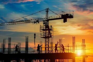 Construction site at sunset With silhouettes of cranes and workers against a vivid sky Symbolizing progress and the building of future infrastructures