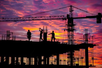 Fototapeta na wymiar Construction site at sunset With silhouettes of cranes and workers against a vivid sky Symbolizing progress and the building of future infrastructures